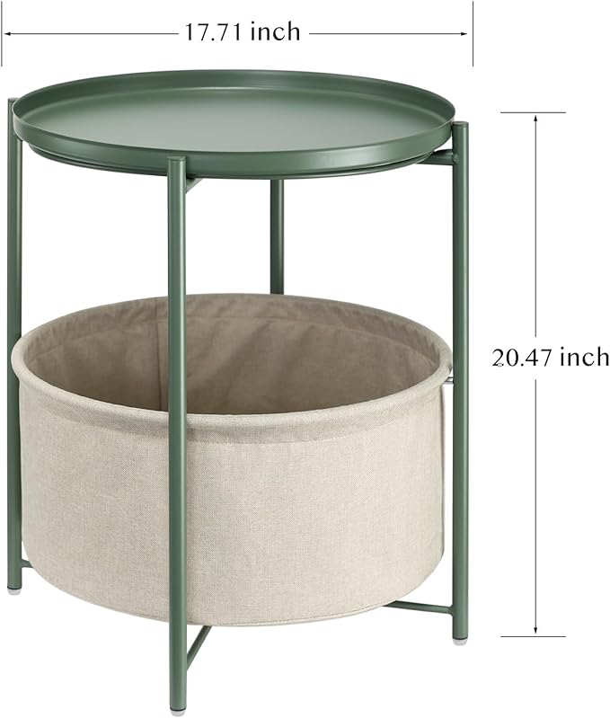 danpinera Round Side Table with Fabric Storage Basket, Metal Side Table Small Bedside Nightstand with Removable Tray for Living Room, Bedroom, Nursery, Dark Green-NeatNest
