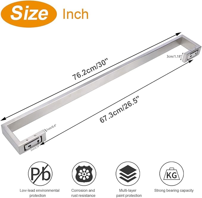 TocTen Bath Towel Rack - Square Base Thicken SUS304 Stainless Steel Towel Bar for Bathroom, Bathroom Bar Accessories Towel Rod Heavy Duty Wall Mounted Towel Holder (Brushed Nickel, 30 Inch)
