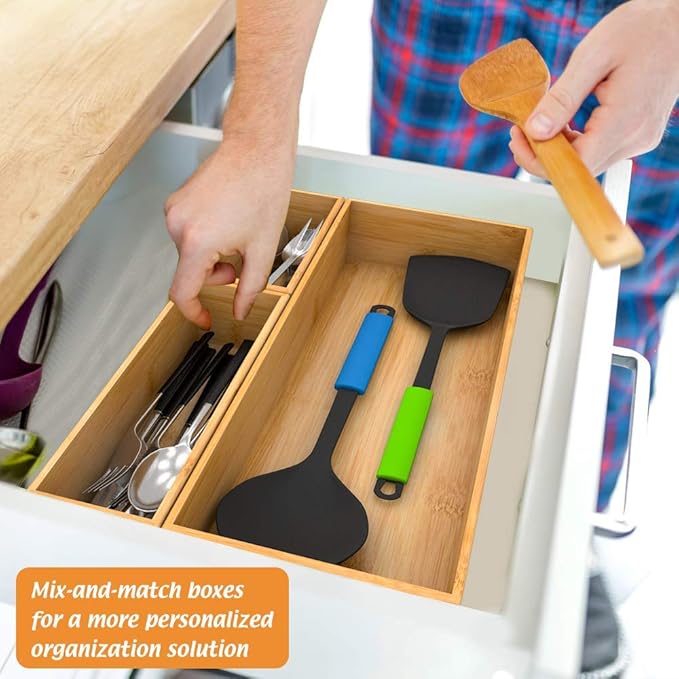 Bamboo Drawer Organizer Utensil Holder for Kitchen, Small Wood Silverware Storage Organizer, Stackable Box Tray for Cutlery, Flatware, Bathroom Caddy for Makeup, Perfume, Jewelry, 6x3x2.5 Inch-NeatNest