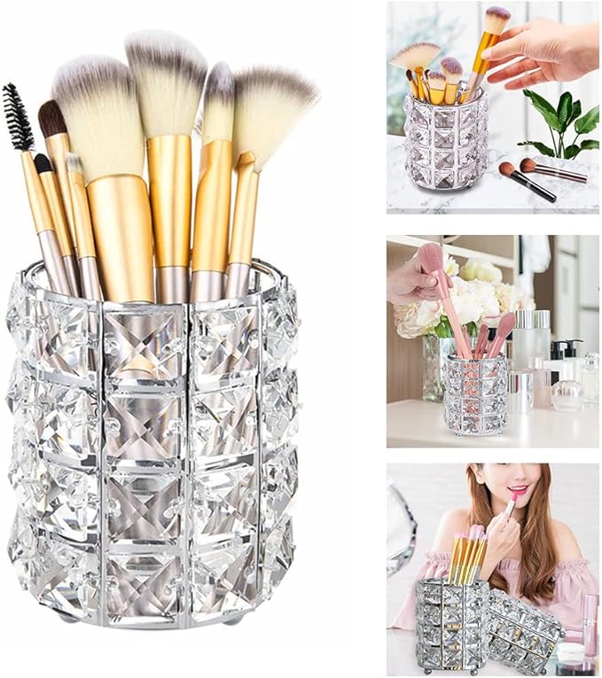 AKOAK 1 Pack Crystal Makeup Brush Holder Office Supplies Storage Rack Eyebrow Pencil/Lipstick/Pencil Makeup Container, Dressing Table, Bedroom, Office (White)-NeatNest