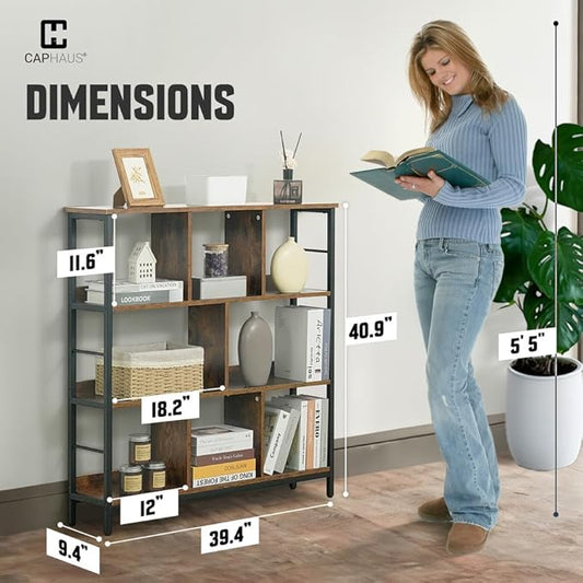 CAPHAUS 8 Cube Storage Organizer, 40” Wide 3 Tier Rustic Oak Industrial Open Shelf Bookcase, Display Shelf, Horizontal Bookshelf with Metal Frame, Wooden Board, for Living Room, Bedroom, Office-NeatNest