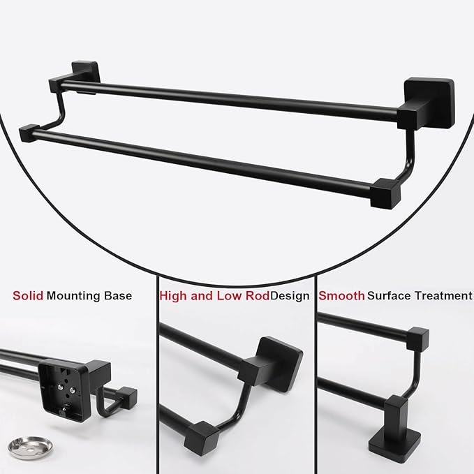 TocTen Double Bath Towel Bar - Thicken SUS304 Stainless Steel Towel Rack for Bathroom, Bathroom Accessories Double Towel Rod Heavy Duty Wall Mounted Square Towel Holder (Matte Black,30 INCH)