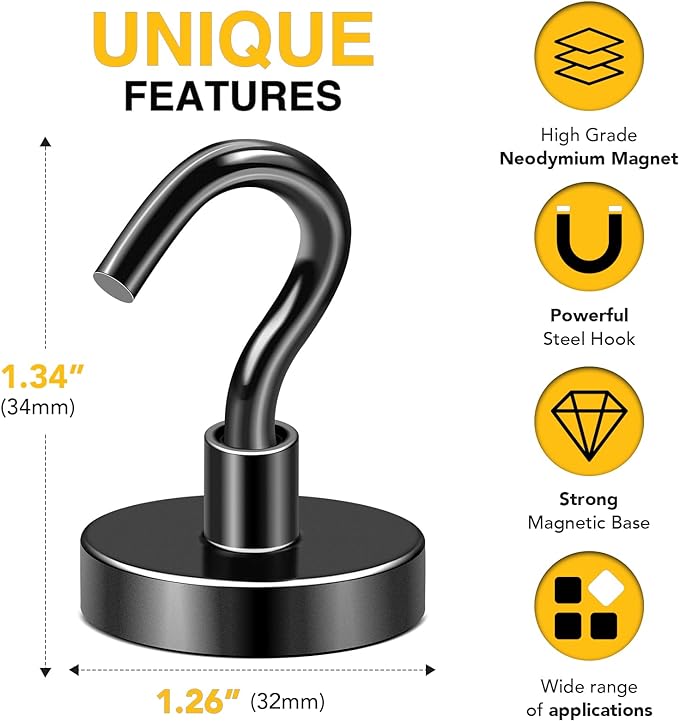 DIYMAG Black Magnetic Hooks, 118 LB Heavy Duty Strong Magnet with Hooks, Strong Rare Earth Neodymium Magnet Hooks for Hanging, Magnetic Hanger for Curtain, Home, Kitchen, Workplace, 20 Packs-NeatNest