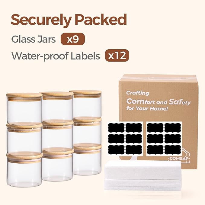 ComSaf 0.5 Qt Glass Food Storage Jars Set of 9, Clear Glass Storage Containers with Lids, Pantry Organization Jar, Spice, Salt, Blooming Tea, Coffee, Oat and Sugar Container, Small jar Set for Kitchen-NeatNest