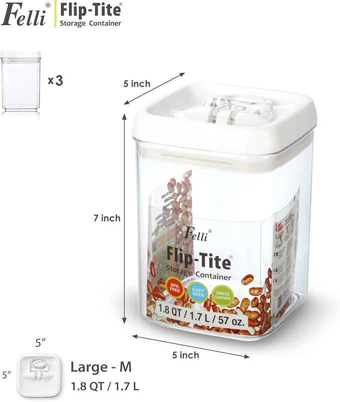 Felli Flip Tite Food Storage Containers With Lid 5" LARGE Airtight Ring Lock Flip Top, Square Acrylic Canister Jar for Rice Sugar Flour Protein Powder, Kitchen Pantry Organizer, Gift Set (1.8qt)-NeatNest