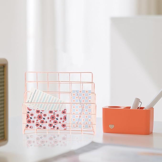 File Holder for Desk: Magazine Holder 3 Slots Desktop File Sorter Organizer for Office Desk Accessories Rose Gold