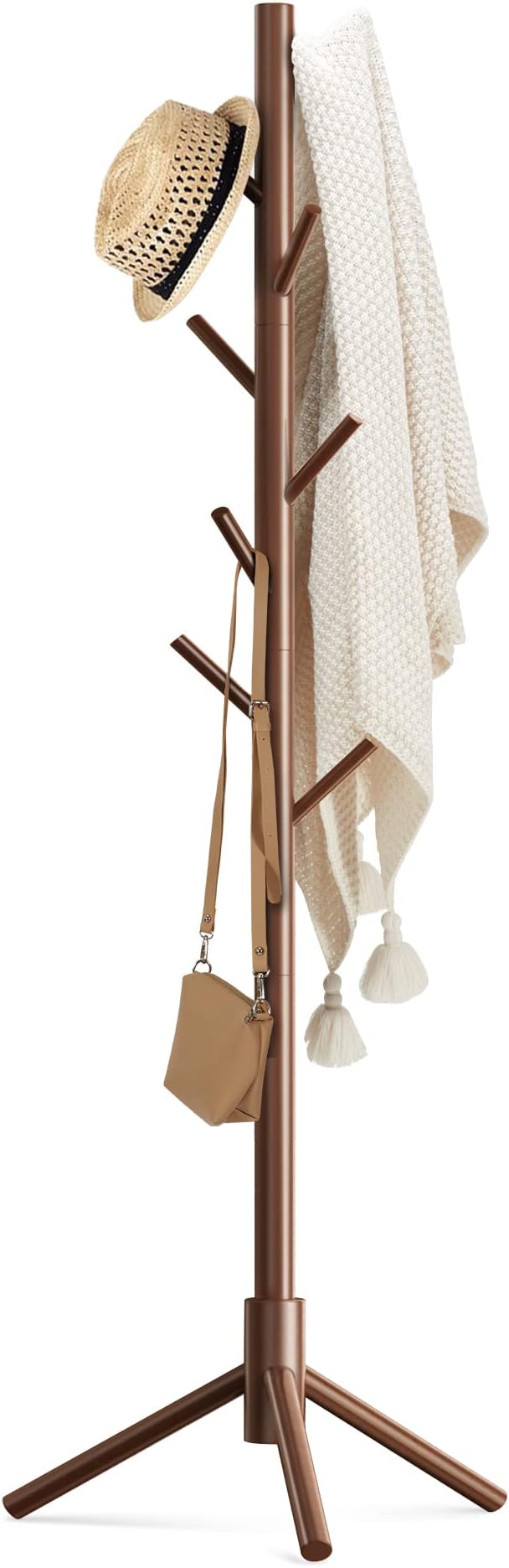 Haddockway Wooden Coat Rack Stand with 8 Hooks New Zealand Pine 3 Adjustable Coat Standing Tree Easy Assembly for Coats, Hats, Scarves and Handbags for Entryway, Hallway, Bedroom, Office-NeatNest