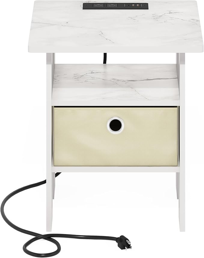 Furinno Andrey USB and Type-C Port Charging Station End Table with Storage Bin, 15.55 (W) x 12.56 (H) x 8.5 (D) inches, Marble White/Ivory