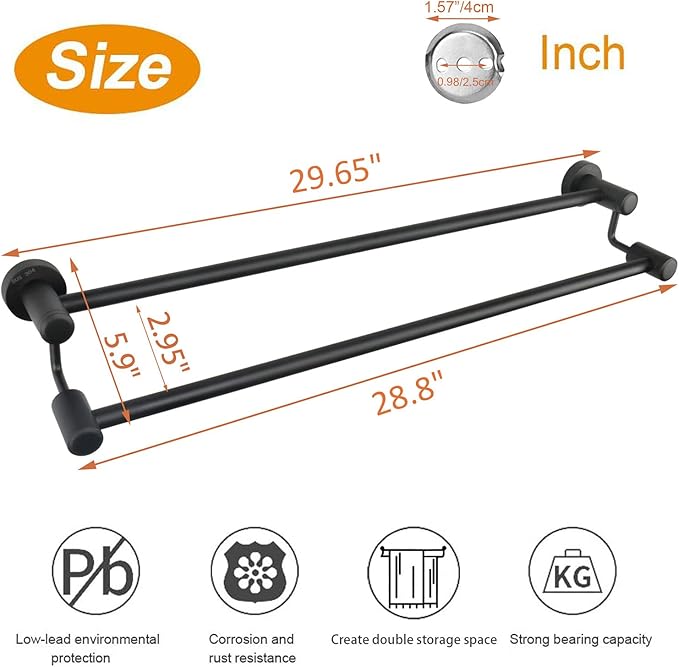 TocTen Double Bath Towel Bar - Thicken SUS304 Stainless Steel Towel Rack for Bathroom, Bathroom Accessories Double Towel Rod Heavy Duty Wall Mounted Towel Holder (Black, 30IN)