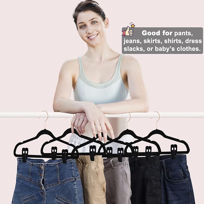 Black Velvet Hangers Clips 20 PCS, Non-Slip Velvet Clips for Suit Pant Skirt Hanger, Strong Finger Clips Perfect for Thin Flocking Hangers-NeatNest
