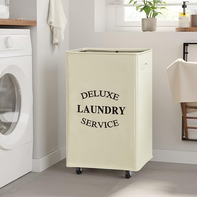WOWLIVE Large Rolling Laundry Basket Wheels 90L Collapsible Tall Laundry Hamper Handle Foldable Dirty Clothing Basket Fold up Rectangular Hampers for Laundry Dorm Room (Beige)