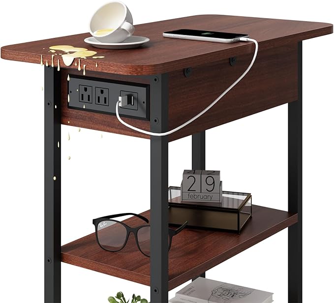 LIDYUK End Table with Charging Station, Flip Top Side Table with USB Ports and Outlets, Nightstand for Small Spaces, Bedside Tables with Storage Shelf for Living Room, Bedroom, Dark Cherry