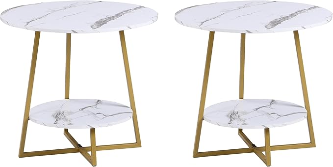 D&H FURNIMMT 20" Living Room Side Table Set of 2 for Small Spaces, 2 Tier Wood Top Round End Tables with Storage Shelf, Accent Sofa Table for Bedroom, Office, Sunroom, Balcony, White Faux Marble/Gold-NeatNest