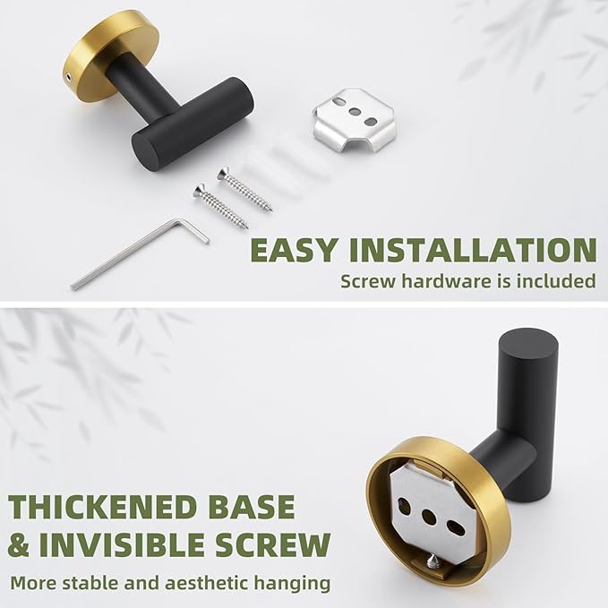 APLusee Bathroom Towel Hook Black & Gold, SUS 304 Stainless Steel Modern Robe Hook for Home Storage, Towel Hanger Wall Mounted