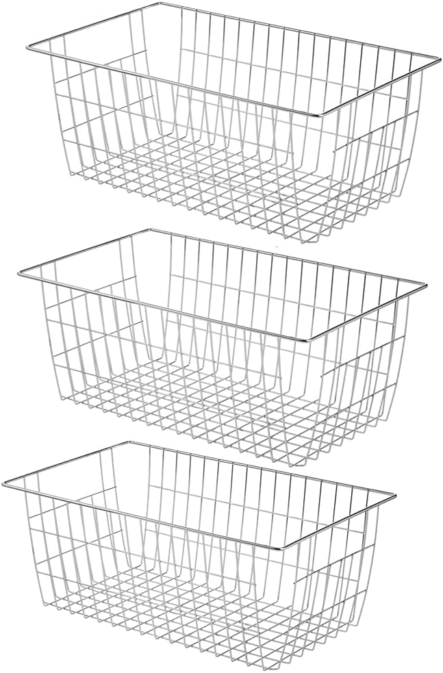 Slideep Wire Baskets Farmhouse Freezer Organizer Storage Bin Basket with Handles, Food Storage for Kitchen Cabinets, Pantry, Closet, Bedroom, Bathroom, Office 3 Pack