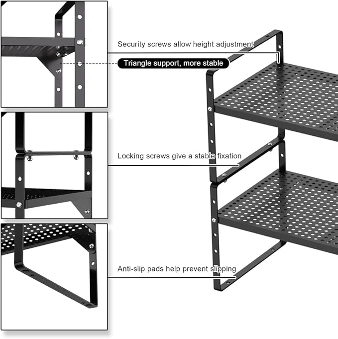 Expandable Kitchen Cabinet Shelf Organizers, Stackable Metal Pantry Storage Shelves Rack, Adjustable Counter Spice Shelf for Cabinets, Countertop, Cupboard, 2 Pack, Black-NeatNest