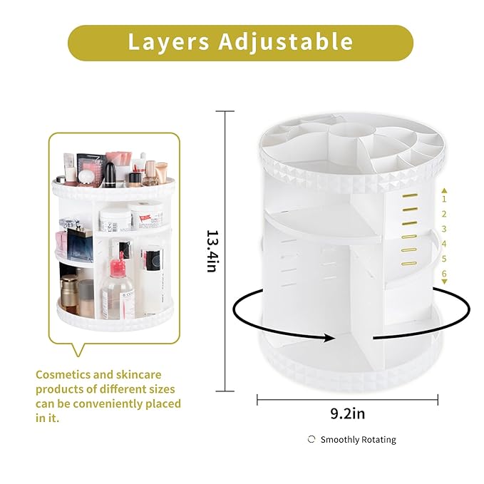 V-HANVER 360 Rotating Makeup Organizer Perfume Organizer White Cosmetic Storage Display Case Large Capacity Acrylic Beauty Holder Adjustable Partition Height for Bedroom Dresser or Bathroom Vanity-NeatNest