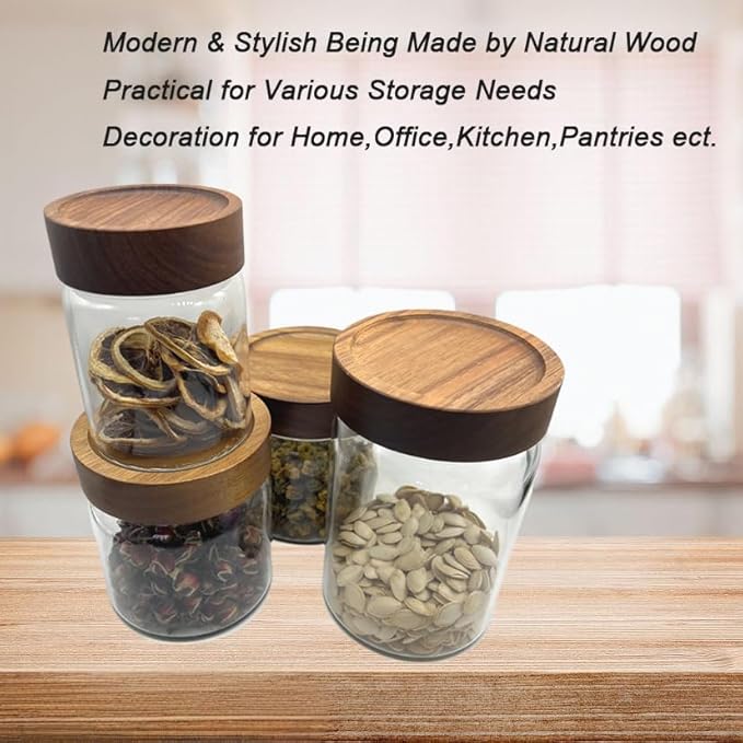 Clear Glass Storage Canister with Airtight Wooden Screw Lid 25oz/750g 2 PACK with Tray,Decorative Container Jar for Coffee,Spice,Candy,Salt,Cookie,Condiment,Pepper,Sugar,Overnight Oatmeal-NeatNest
