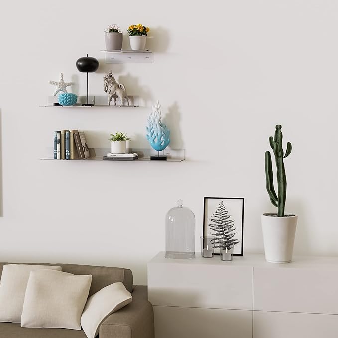 Acrylic Wall Shelves 36 24 12 Inches, Clear Floating Shelf for Wall, Wall Mounted Display Shelves for Plants, Radio, Funko Pop, Stuffed Animal, Books, Clock, Cosmetics, Toiletries-NeatNest