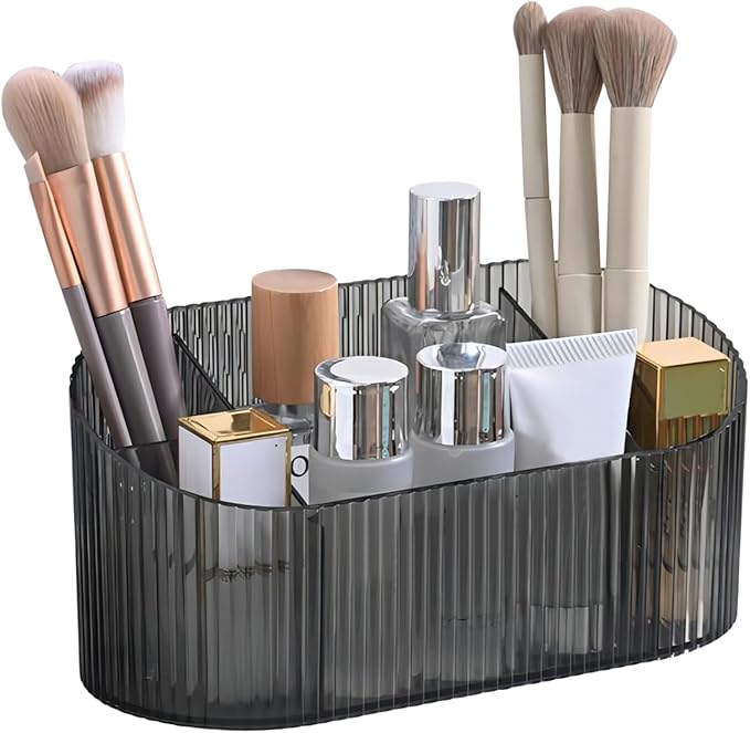 DASITON Large Capacity Makeup Brush Holder,5 Slot Makeup Brush Holder,Vintage striped Make Up Brush Holder,for Vanity Decor,Bathroom Countertops,Desk Storage Container,Cosmetic Display cases(Grey)-NeatNest