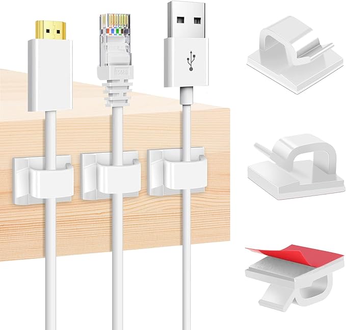 Adhesive Cable Clips White (60 PCS), Upgraded Wire Clips for Cable Management, Strong Cord Clips Wire Holders for The Wall, Under Desk, Led Strip, Electric Wires, Ethernet Cable Clips_Small-NeatNest
