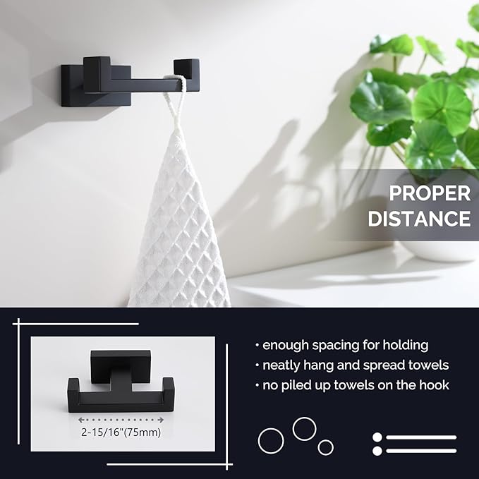 Angle Simple Double Towel Hook Matte Black, Stainless Steel Bathroom Towel Holder, Coat Robe Hook Wall Mount
