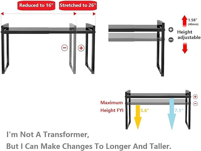 Expandable Cabinet Shelf Organizer 16-26" L Stackable Kitchen Counter Shelf Rack Sink Riser Countertop Storage Black (Normal 7.9”D)-NeatNest