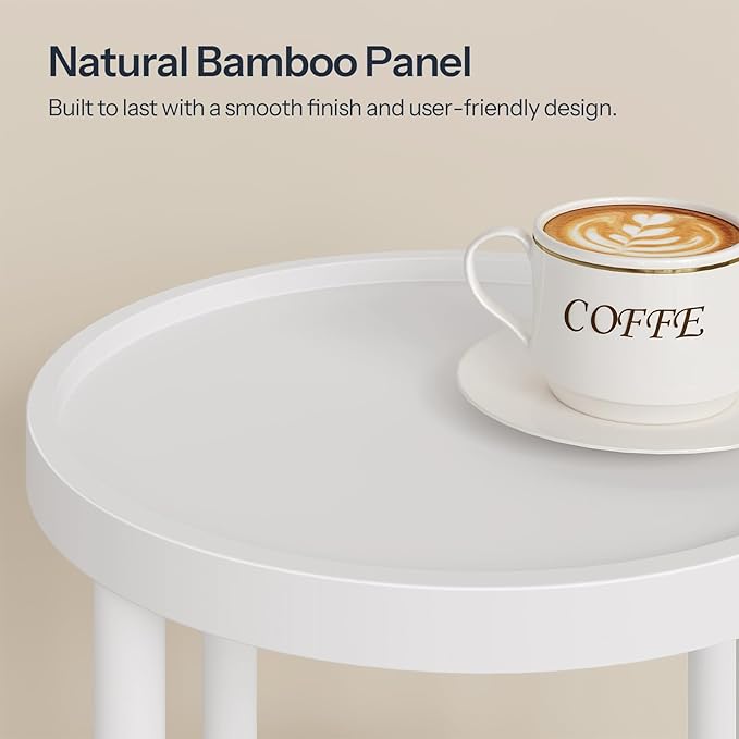 HOOBRO Set of 2 Small Round Side Tables with Charging Station, 3-Tier Round Bamboo End Tables, Easy Assembly, for Living Room, Bedroom, Apartment, White WT152UBZP201