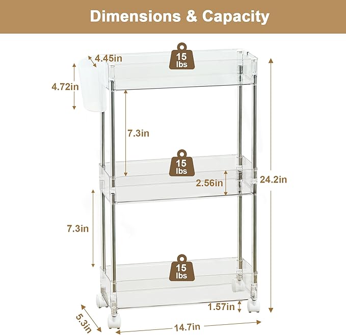 VECELO 3-Tier Acrylic Rolling Cart, Utility Cart for Kitchen Storage, Mobile Shelves Slide-Out Organizers with 2 Lockable Wheels&Hooks for Bathroom Laundry Room Living Room Office, Clear