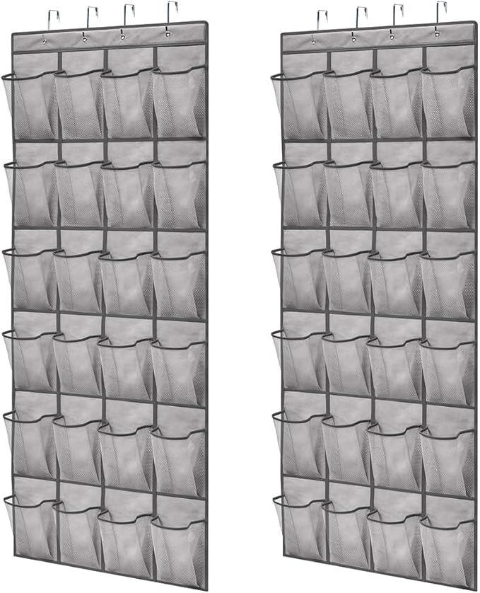 GORILLA GRIP Over the Door Shoe Organizer, 2 Pack, 24 Breathable Mesh Pockets, Space Saving Hanging Storage Holder, Closet Rack Hanger Holds Up to 40 lbs, Hangs on Closets, Shoes, Accessories, Gray-NeatNest