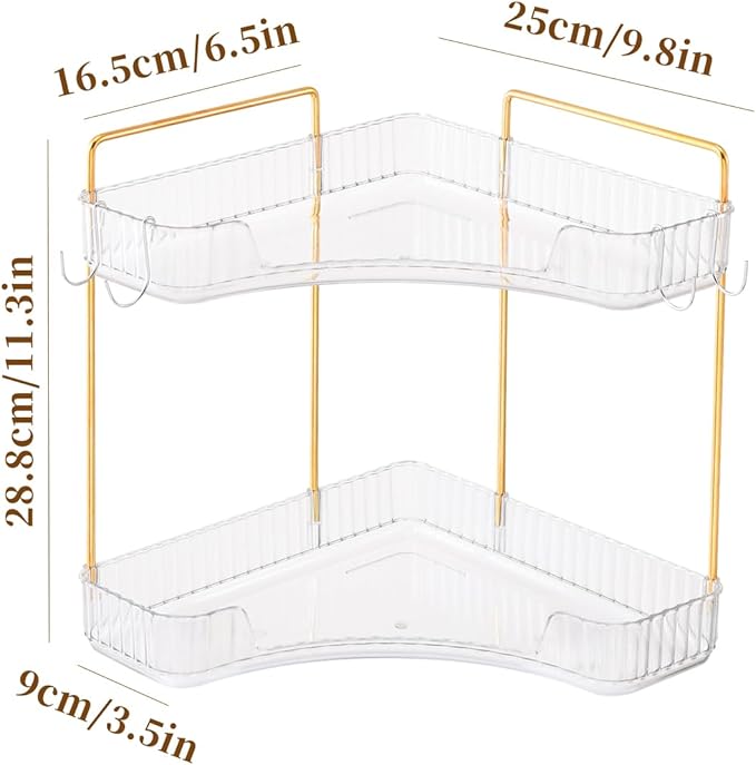2-Tier Plastic Bathroom Counter Corner Organizer with Hooks, Bathroom Sink Organizer and Storage Countertop Vanity Tray, Perfume Organizer (Gold Clear)-NeatNest