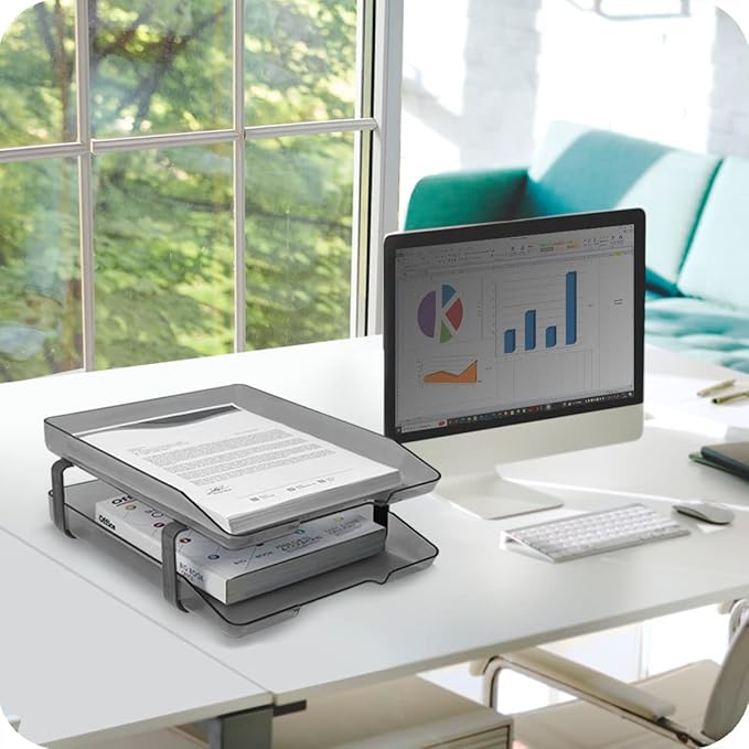 Acrimet Traditional 2 Tier Letter Tray, Front Load Design, A4 Letter Size, Desktop Organizer (Plastic) (Smoke Color)-NeatNest