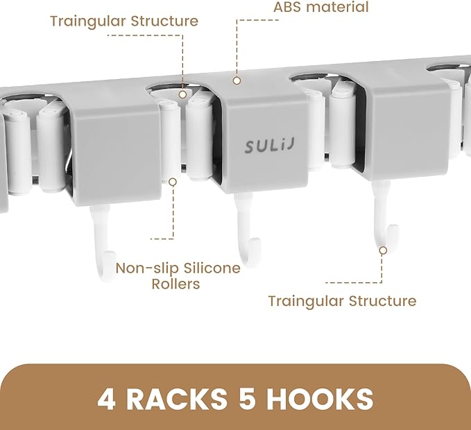 3PCS Broom Mop Holder with Hooks Wall Mounted Broom Storage Rack No Drilling Self-Adhesive Mop Broom Organizer Mop Holder Hanger for Bathroom Office Kitchen Closet Garage,Grey (3)-NeatNest