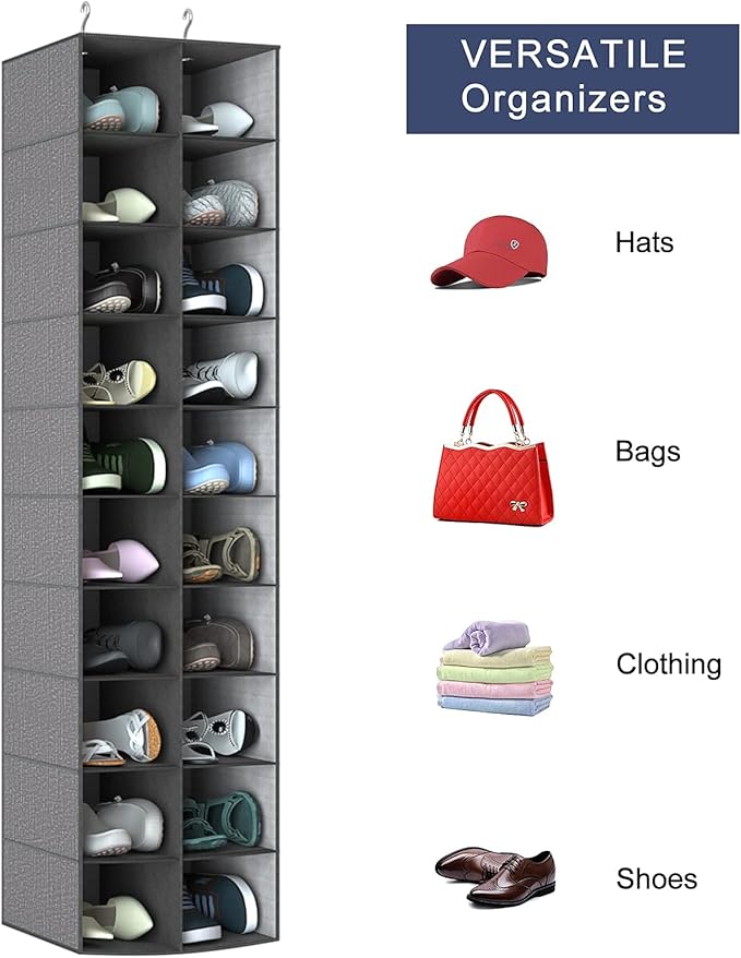 coastal rose Hanging Shoe Organizer for Closet, 20 Sections Hanging Closet Organizer and Storage Shelves, Space Saving Shoe Rack for Closet, Grey, 12''W×12''Dx 50''H-NeatNest