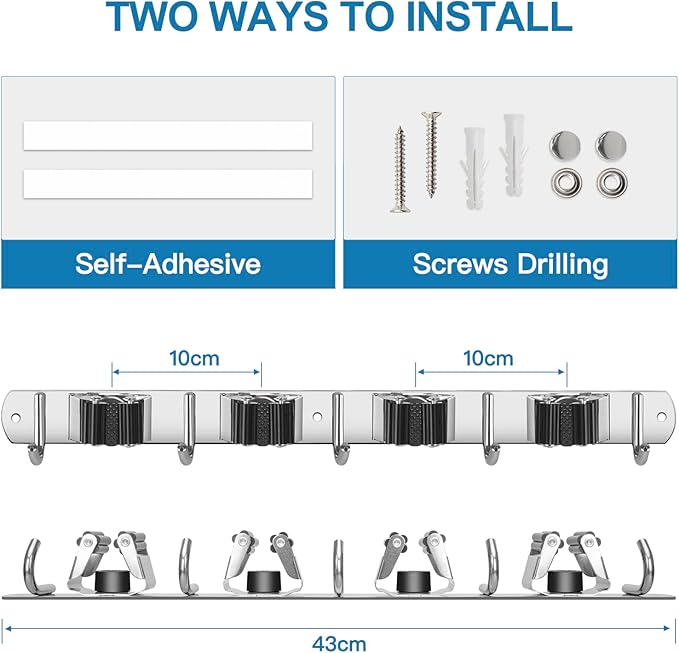 IMILLET 2 Broom Holder Wall Mounted, Stainless Steel Broom Mop Holder Self Adhesive Heavy Duty Hooks Storage Organizer for Home Laundry Room Garden Garage Closet Kitchen(4 Racks with 5 Hooks)-NeatNest