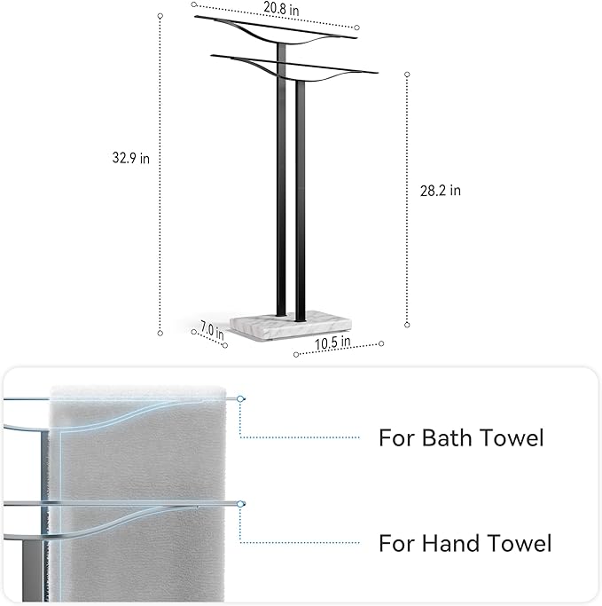 Bathroom Towel Rack Freestanding Floor Stand: Black 33in 2‑Bar Weighted Marble Base Towel Holder, Rustproof 304 Stainless Steel Drying Rack for Bath&Hand Towels, No‑Drill Slim Organizer, Spa Pool