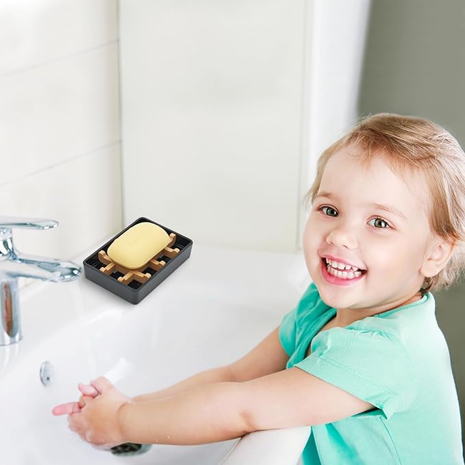 Bamboo Soap Dishes for Shower Wooden Soap Bar Holder for Bathroom Soap Tray Easy to Clean, Durable and with Non-Slip Pads(Two Black Squares)-NeatNest