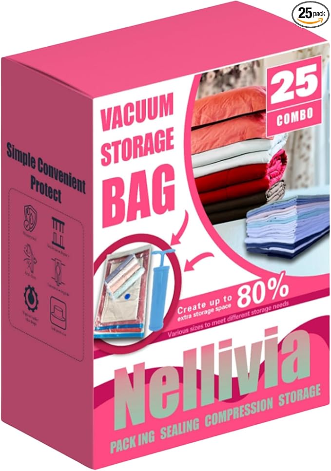 25 Pack Vacuum Storage Bags with Pump, Compression Space Saver for Comforter, Bedding, Blanket Storage, Vacuum Seal Bags for Clothing, Luggage and Closet Organizer-NeatNest