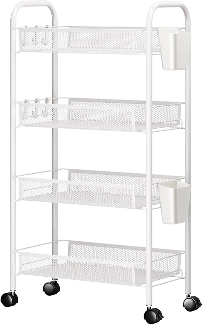 3/4/5 Tier Fruit Vegetable Basket, Stackable Metal Mesh Storage Basket with 360 Degree Wheels, Fruit Vegetable Produce Basket Storage Organizer for Kitchen, Pantry, Bathroom White 4-Layers