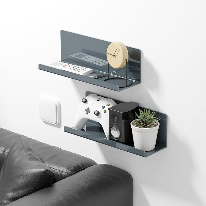 Adhesive Floating Shelves for Wall No Drilling, 12 Inch Acrylic Self Adhesive Shelves, Stick on Shelves, Dorm Wall Shelf, for Bathroom, Kitchen, Bedroom, Office, Gaming Room, Gray-NeatNest