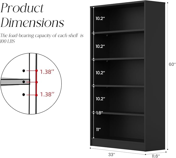 Farini 60 Inch Tall 5-Shelf Bookcase, Wood Bookshelf Storage Organizer Adjustable Shelf for Home Office, Study Room, Easy Assembly,Black