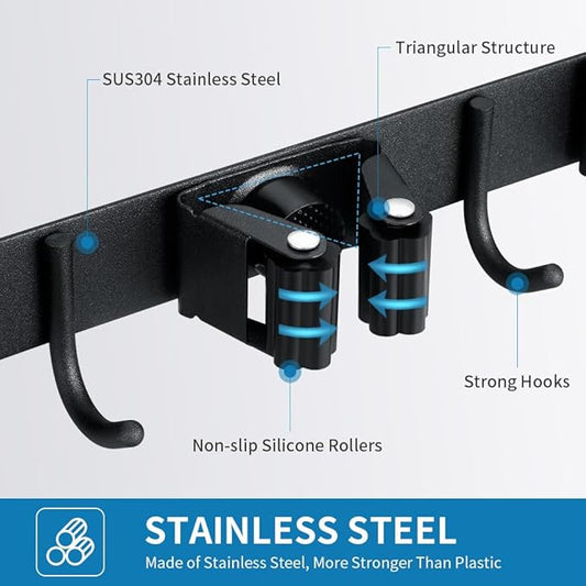 Broom Hanger and Mop Holder, Heavy Duty Garden Tool Organizer Rack Rake and Shovel Handle, Stainless Steel Wall Mounted Utility Rack with Screws (4 Racks with 5 Hooks, Matte Black).-NeatNest