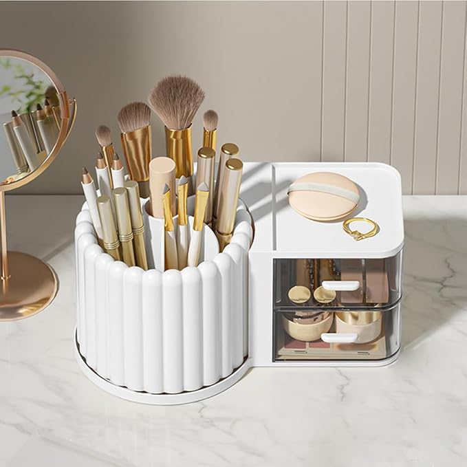 Makeup Organizer Countertop,360 Rotating Makeup Brush Holder with 2 Drawer Organizer, Small Preppy Kids Desk Organizer|9.25x5.11inch|White-NeatNest
