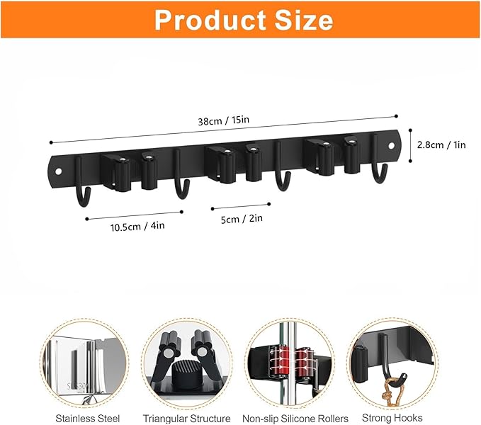 Mop and Broom Holder Wall Mount, Upgraded Broom Organizer Wall Mount, Stainless Steel Broom Hanger Wall Mount for Kitchen Garden Laundry Room Decor (3 Racks with 4 Hooks Black)-NeatNest