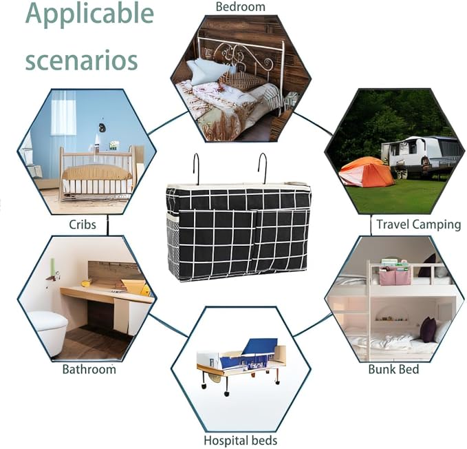 Bedside Caddy Bedside Hanging Storage Basket Multi-Function Organizer Caddy for Bunk and Hospital Beds Dorm Rooms Bed Rails, Can be Placed Glasses Books Mobile Phones(Black Grid)-NeatNest