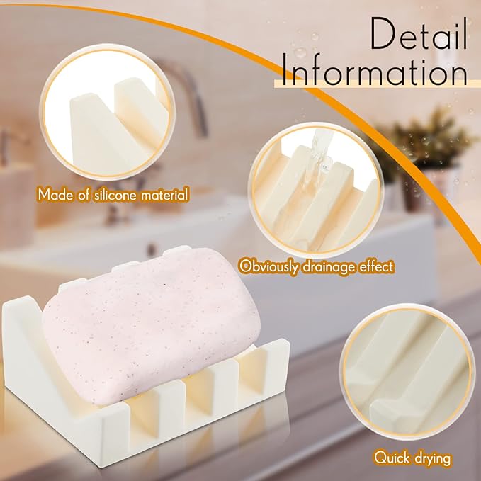 Cunhill 2 Pieces Silicone Soap Dish Self Draining Soap Dish Shower Waterfall Bar Soap Holder Tray with Drain Soap Saver for Kitchen Bathroom Accessories (Cream White)-NeatNest