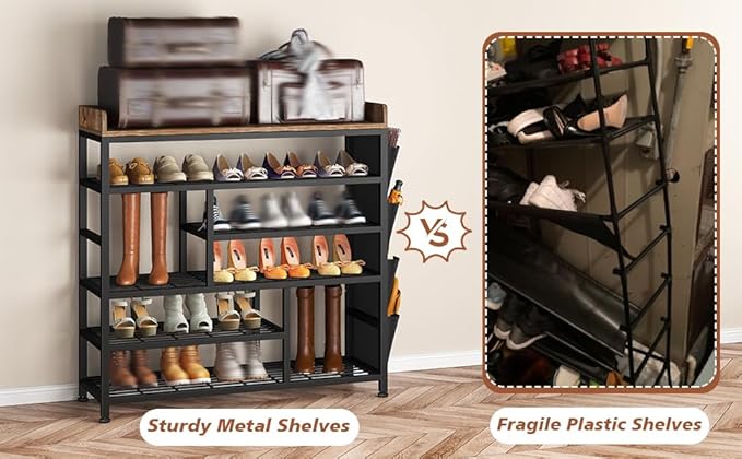 EnHomee Metal Shoe Rack for Entryway, 6 Tier Shoe Storage Organizer Holds 22 Pairs, Wooden Top and Side Pocket for Entry, Entrance, Hallway, Black-NeatNest