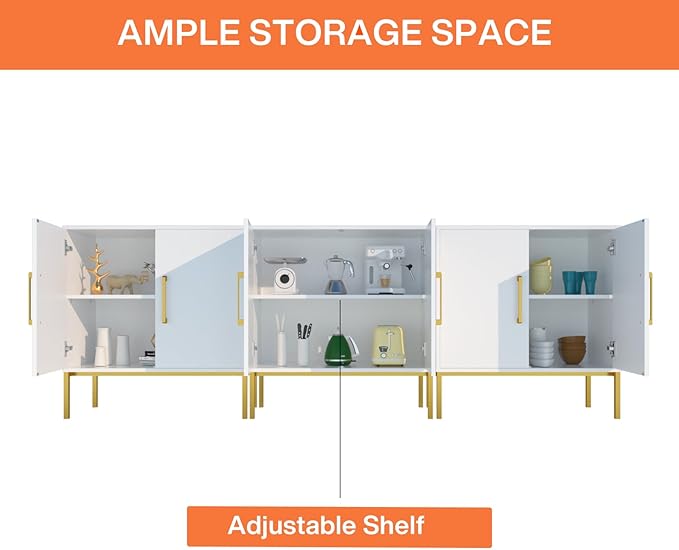 JOZZBY Buffet Sideboard Cabinet with Storage, Modern Wooden Cabinet with Adjustable Shelves, White and Gold Cabinets for Living Room, Kitchen, Hallway, Set of 3