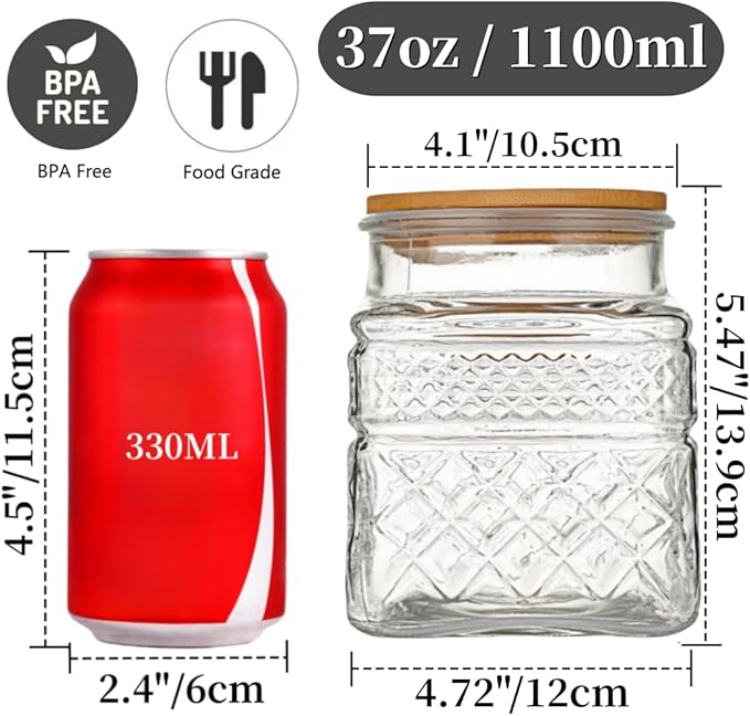 ANSQU Square Glass Jar, Candy Jar with Lid, Glass Food Storage Containers for Ground Coffee, Tea, Sugar, Decorative Mason Jar (Transparent, 37oz)