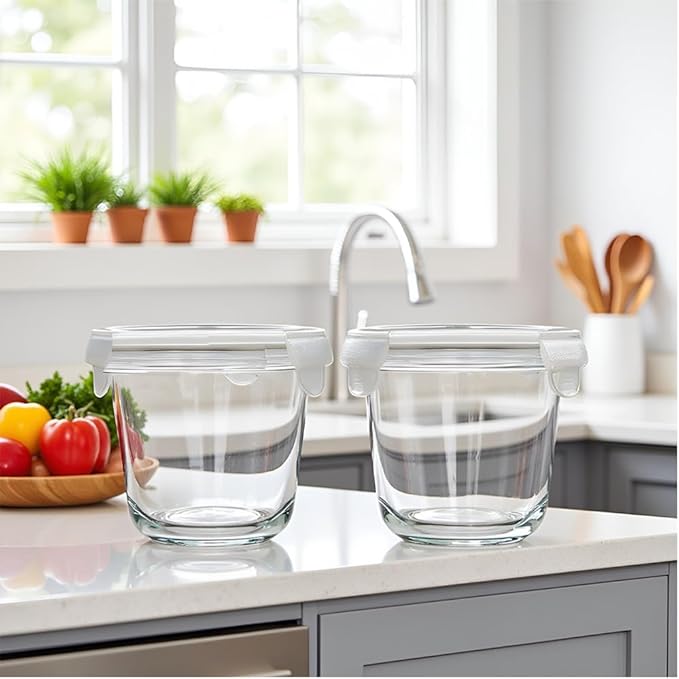 24 Oz Glass Food Storage Container, 3 Cup Round Glass Soup Container with Airtight Lids, Round Food Containers, Leakproof Soup Storage Container, DishwasherMicrowave & Freezer Safe (4 Pack)